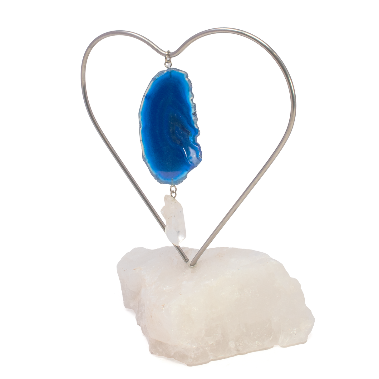 Dyed Dark Blue Agate Slice Desktop Heart Frame On Quartz Base