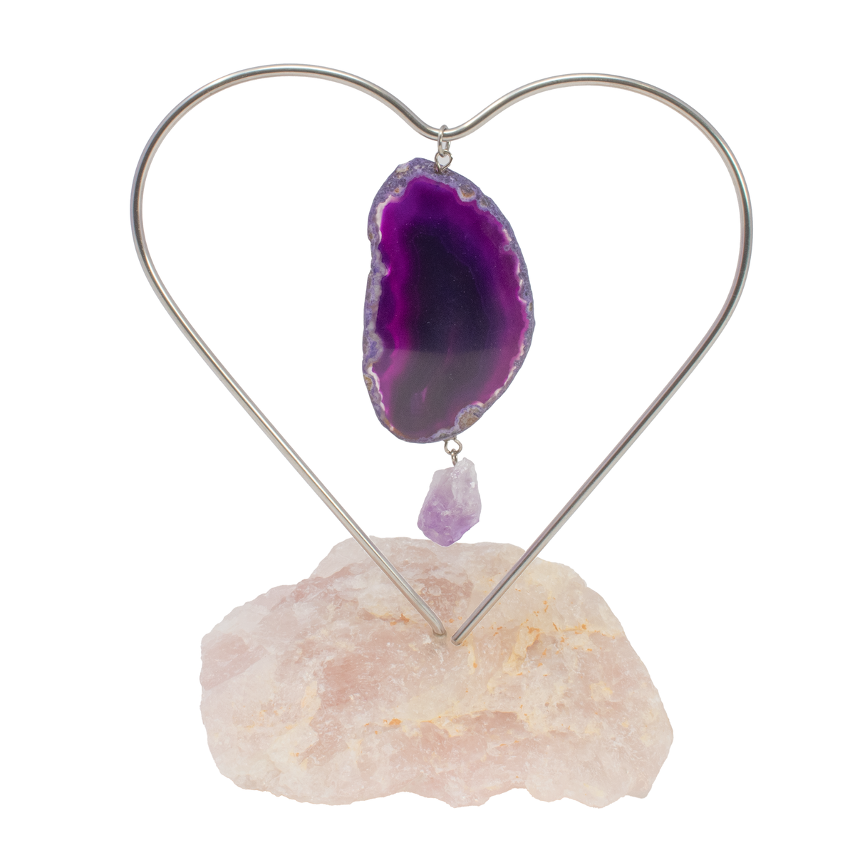 View of Dyed Purple Agate Slice Desktop Heart Frame On Quartz Base