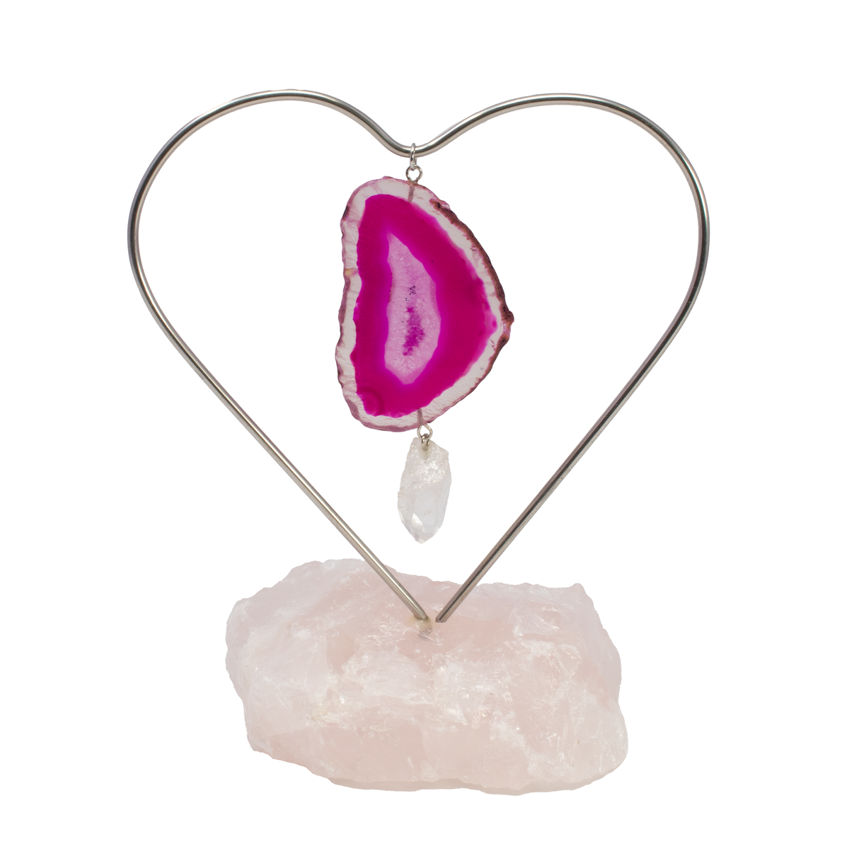 View of Dyed Pink Agate Slice Desktop Heart Frame On Quartz Base