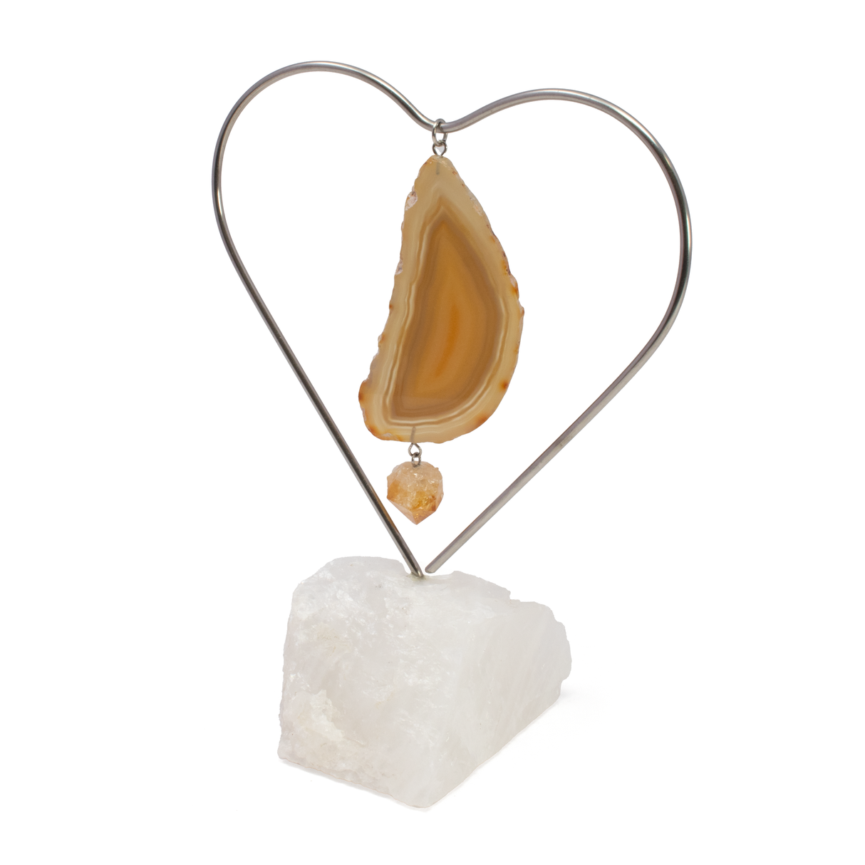 Natural Agate Slice Desktop Heart Frame On Quartz Base