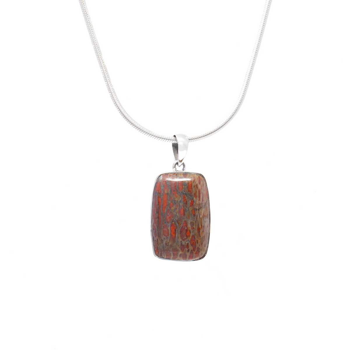 View of Dinosaur Bone Fossil Pendant - Simple Rectangle Cabochon with 925 Sterling Silver Bezel