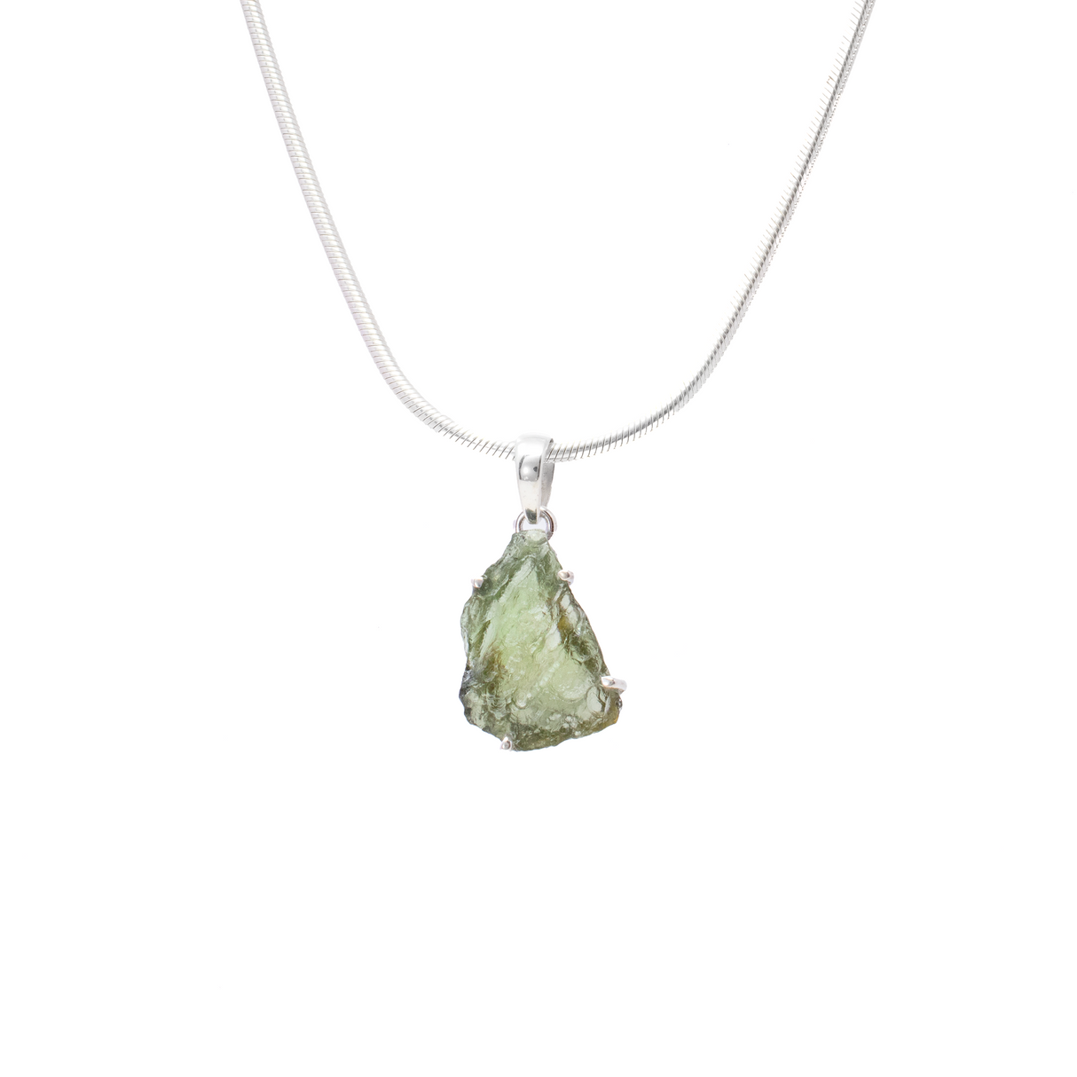 View of Moldavite Pendant - Freeform Prong Set with 925 Sterling Silver - Flat Shape