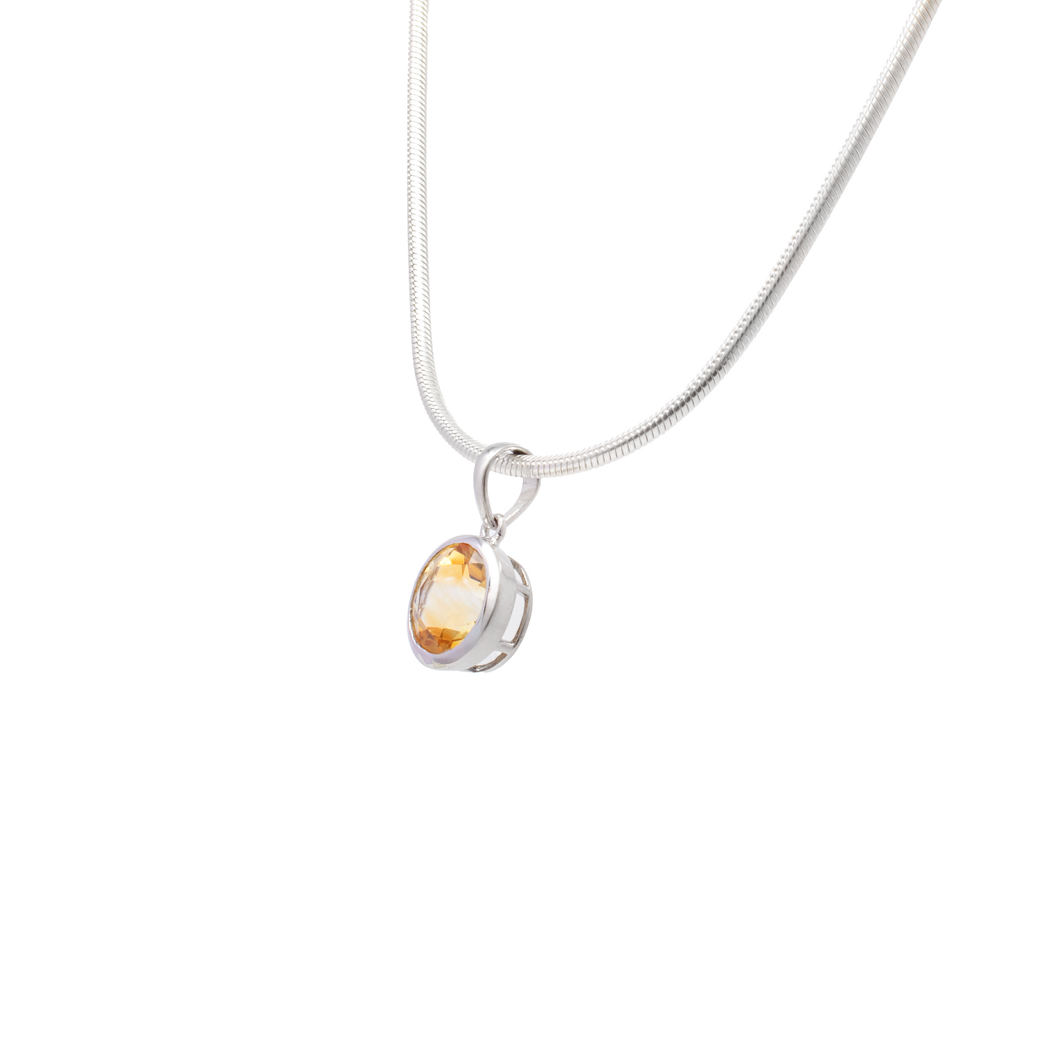 Faceted Citrine Pendant - Round Set on 925 Sterling Silver Raised Bezel with Cutouts