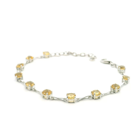 View of Faceted Citrine Link Bracelet - 11 5mm Rounds Prong Set with 925 Sterling Silver Bar Links In Between