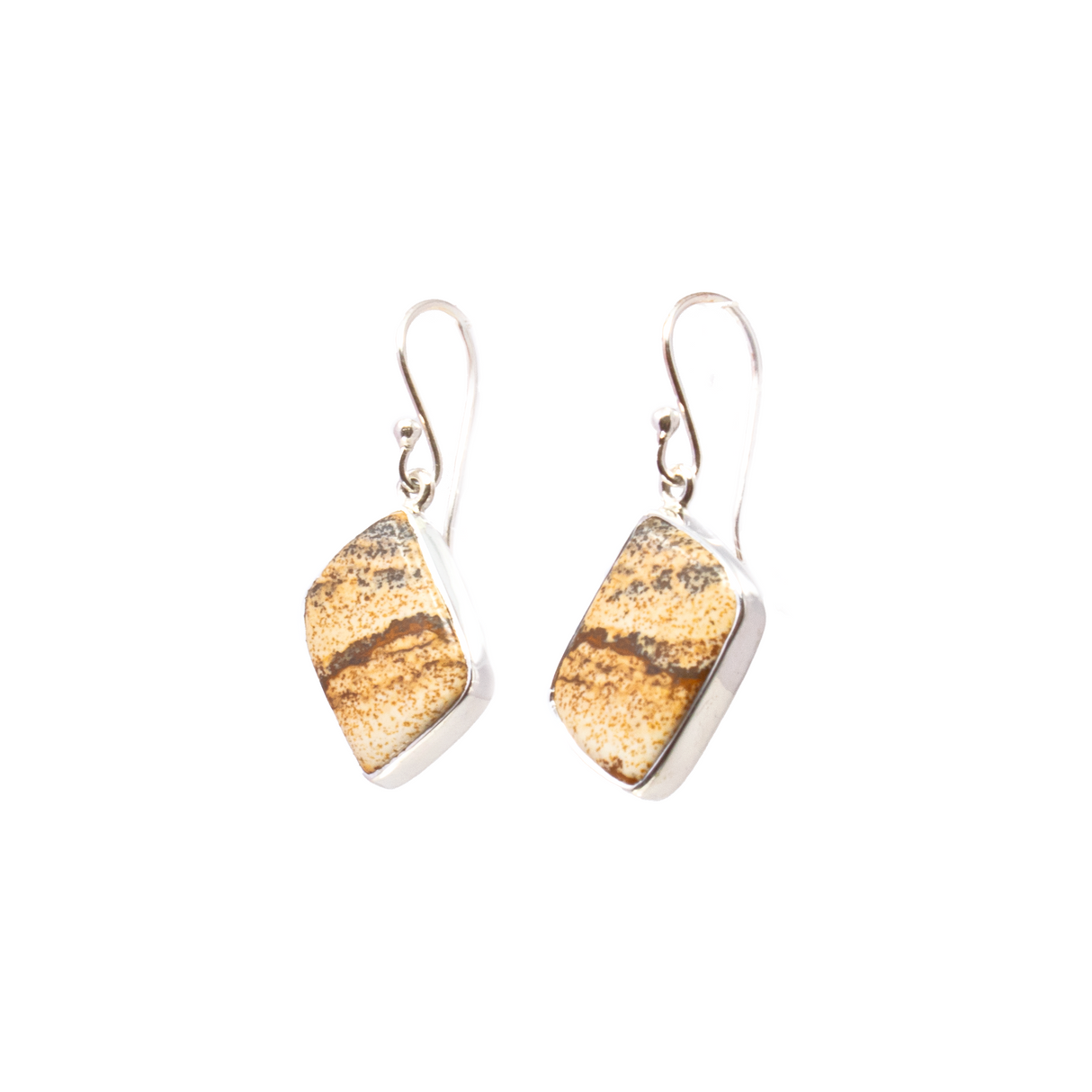 Picture Jasper Dangle Earrings - Diamond Set Square Cabochon with Simple 925 Sterling Silver Bezel