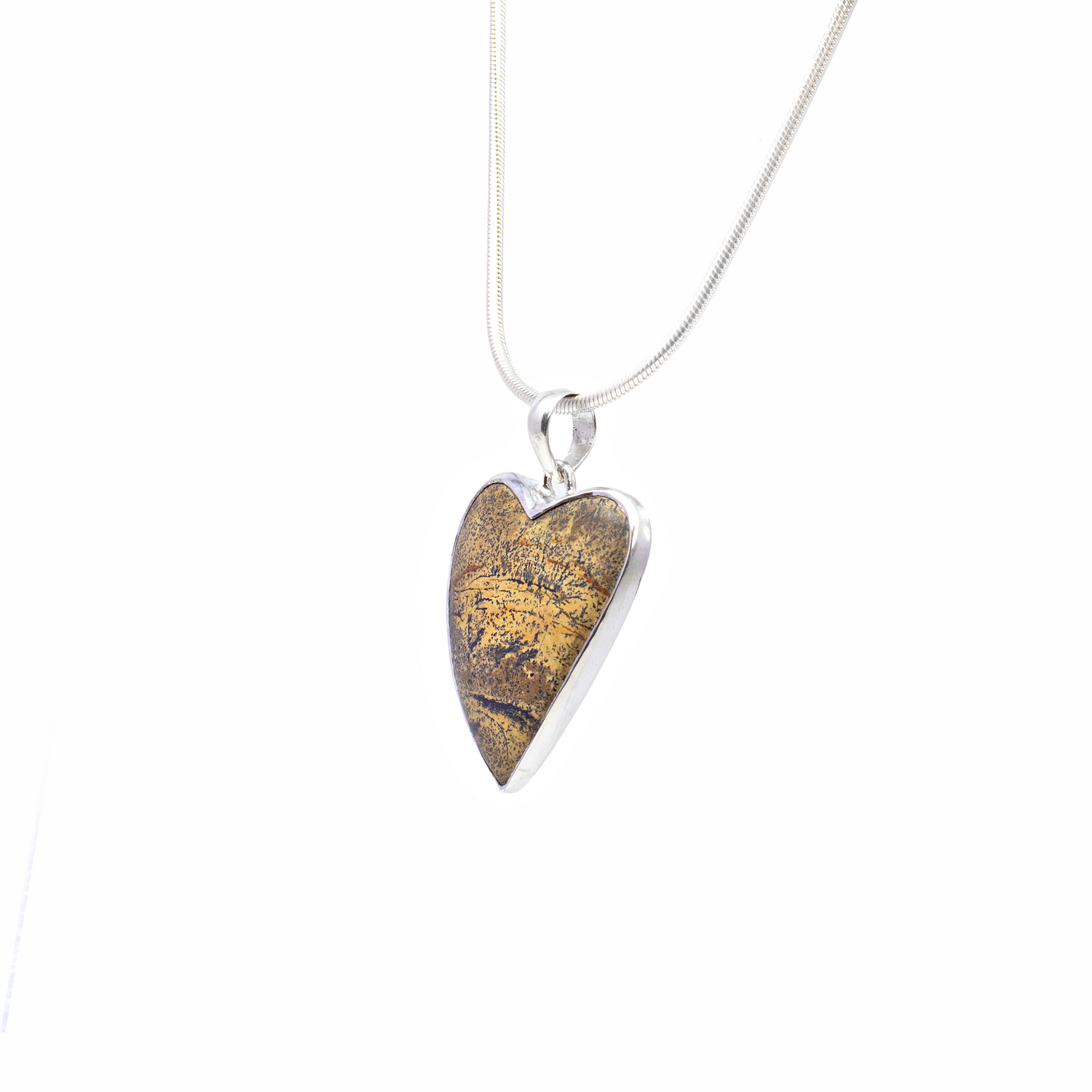 Paint Brush Jasper Pendant - Elongated Heart Cabochon with Simple 925 Sterling Silver Bezel