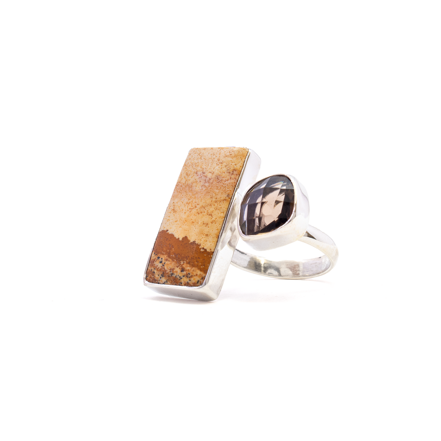 View of Picture Jasper Ring - Rectangle Cabochon with Faceted Smoky Quartz Freeform Set on 925 Sterling Silver Open Band szAdj