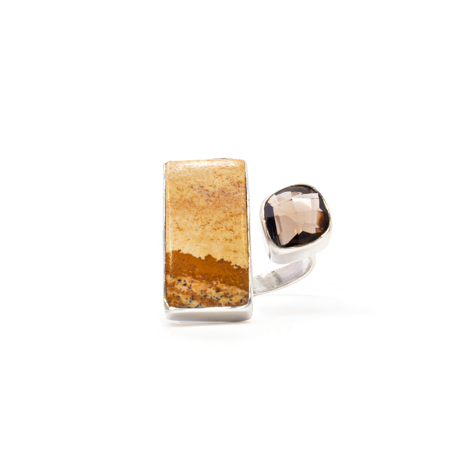 Picture Jasper Ring - Rectangle Cabochon with Faceted Smoky Quartz Freeform Set on 925 Sterling Silver Open Band szAdj
