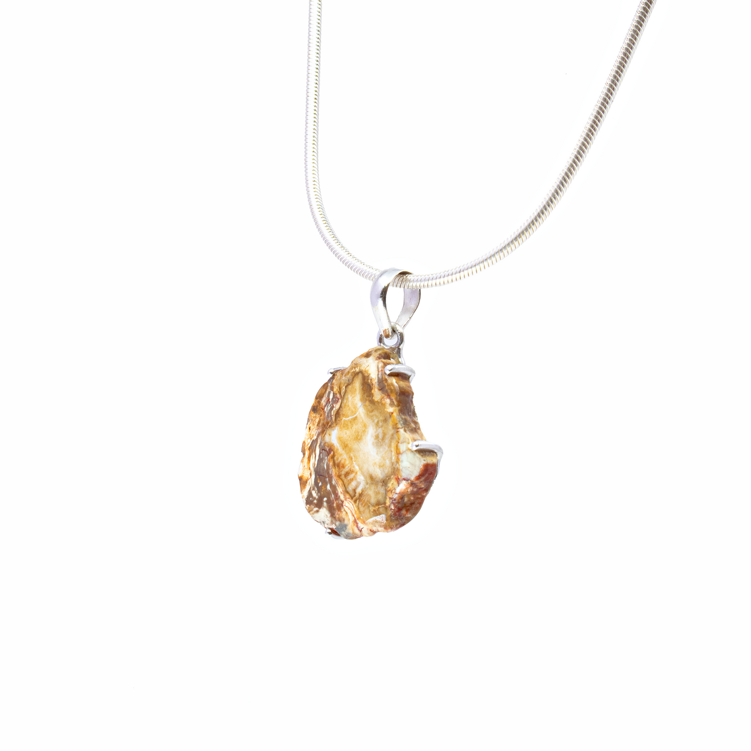 Madagascar Petrified Wood Pendant - Slice Prong Set with 925 Sterling Silver - Taupe & Tan Hues