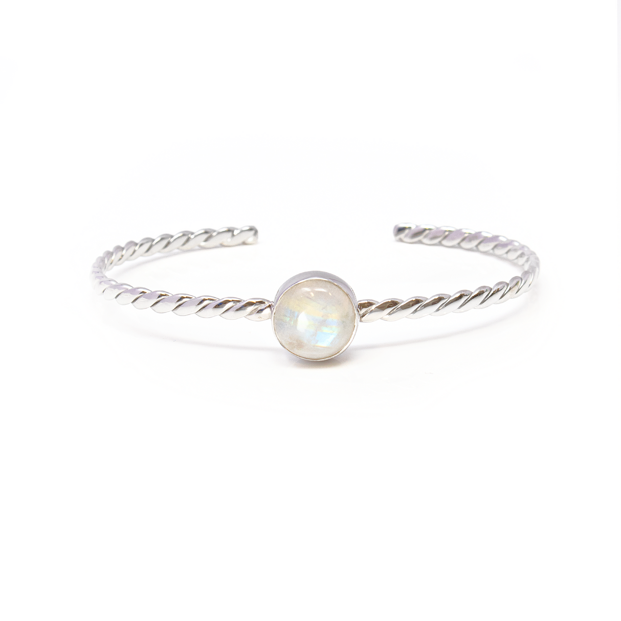 Rainbow Moonstone Cuff Bracelet - Round Cabochon Bezel Set on 925 Sterling Silver Rope Band