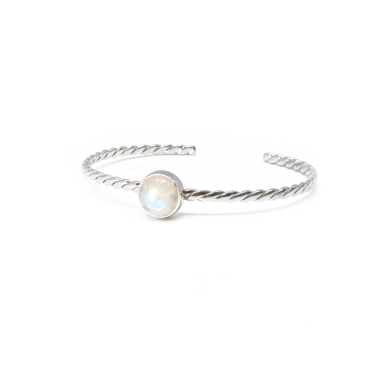View of Rainbow Moonstone Cuff Bracelet - Round Cabochon Bezel Set on 925 Sterling Silver Rope Band