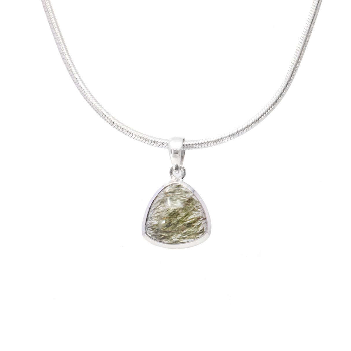View of Green Rutile Pendant - Triangle Cabochon Set in 925 Sterling Silver Bezel