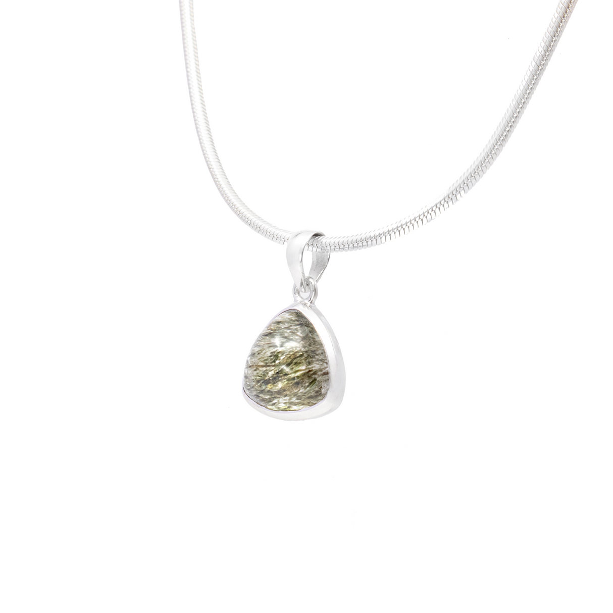 Green Rutile Pendant - Triangle Cabochon Set in 925 Sterling Silver Bezel