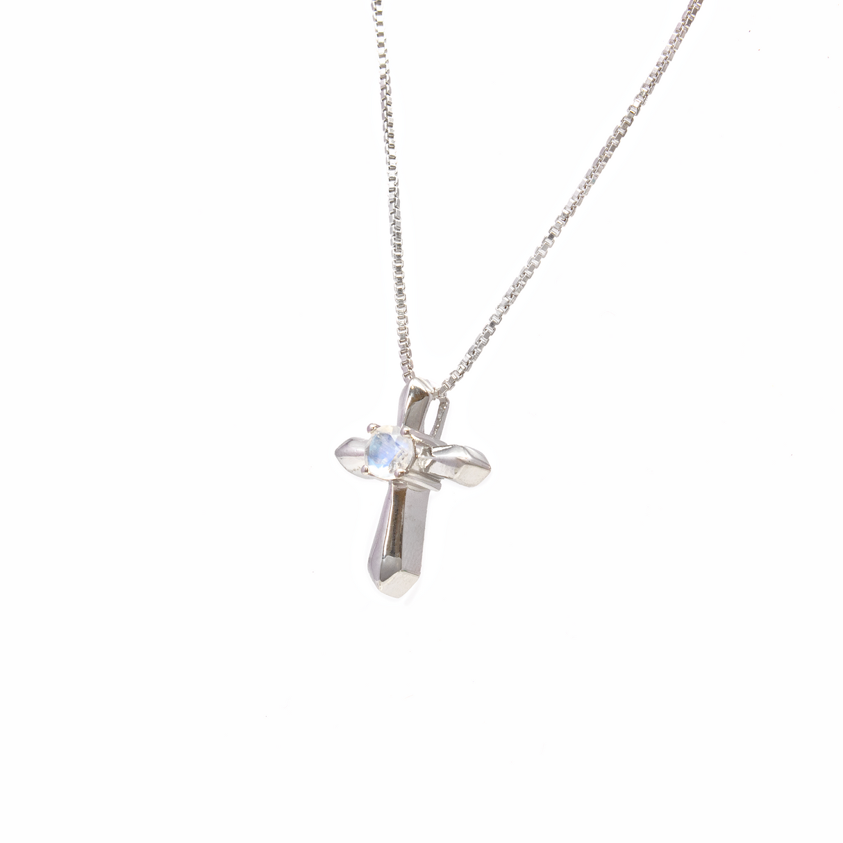 Rainbow Moonstone Necklace - Chunky 925 Sterling Silver Cross with Round in Center Set on Box Chain