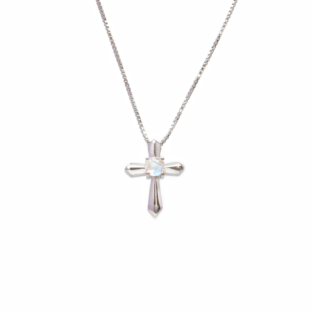 View of Rainbow Moonstone Necklace - Chunky 925 Sterling Silver Cross with Round in Center Set on Box Chain