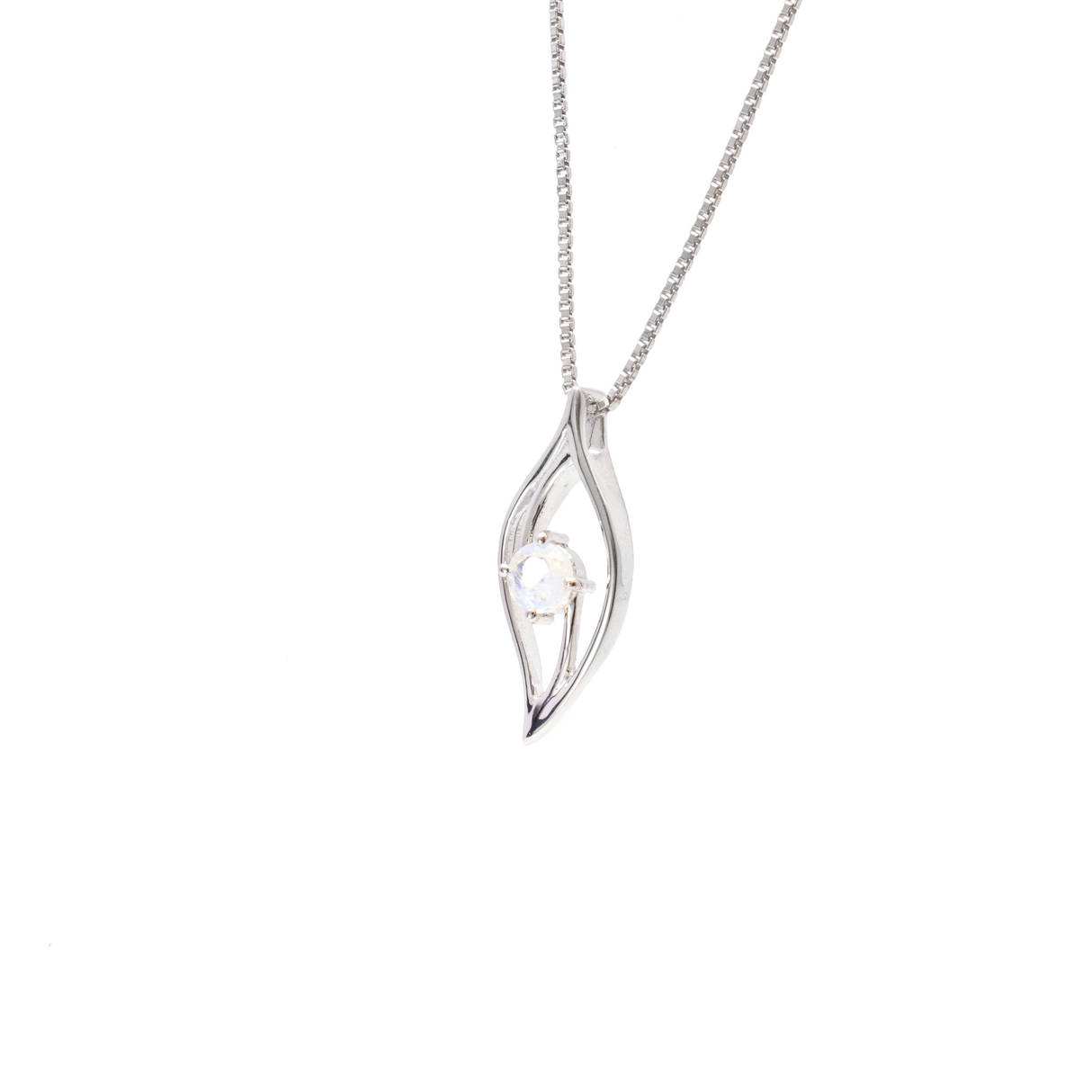 Rainbow Moonstone Necklace - Faceted Round Prong Set on Delicate Leaf on 925 Sterling Silver Box Chain