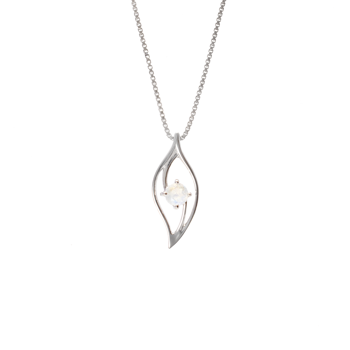 View of Rainbow Moonstone Necklace - Faceted Round Prong Set on Delicate Leaf on 925 Sterling Silver Box Chain