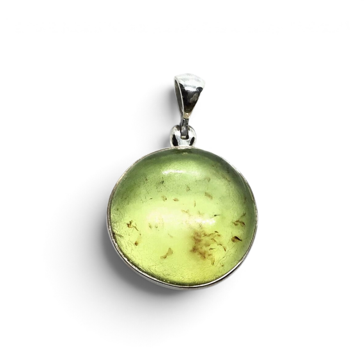 Rare Earth Gallery round green amber cabochon pendant set in a simple 925 sterling silver bezel.