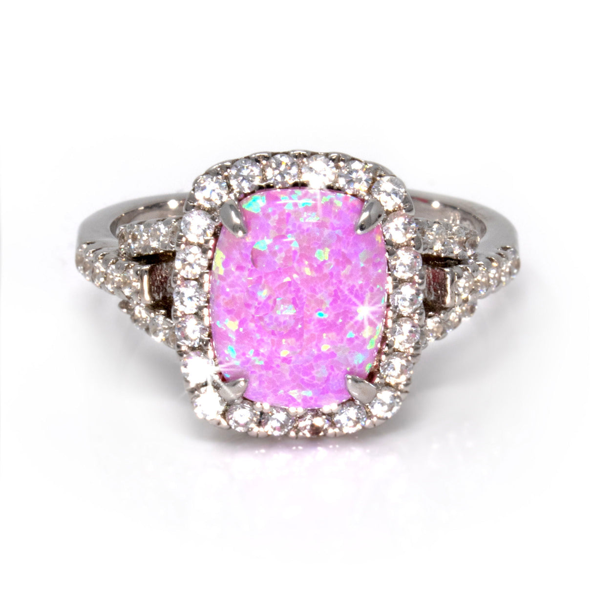 Bague en opale rose taille 6 - Cabochon carré arrondi avec zircons blancs sertis clos - Sertis à griffes