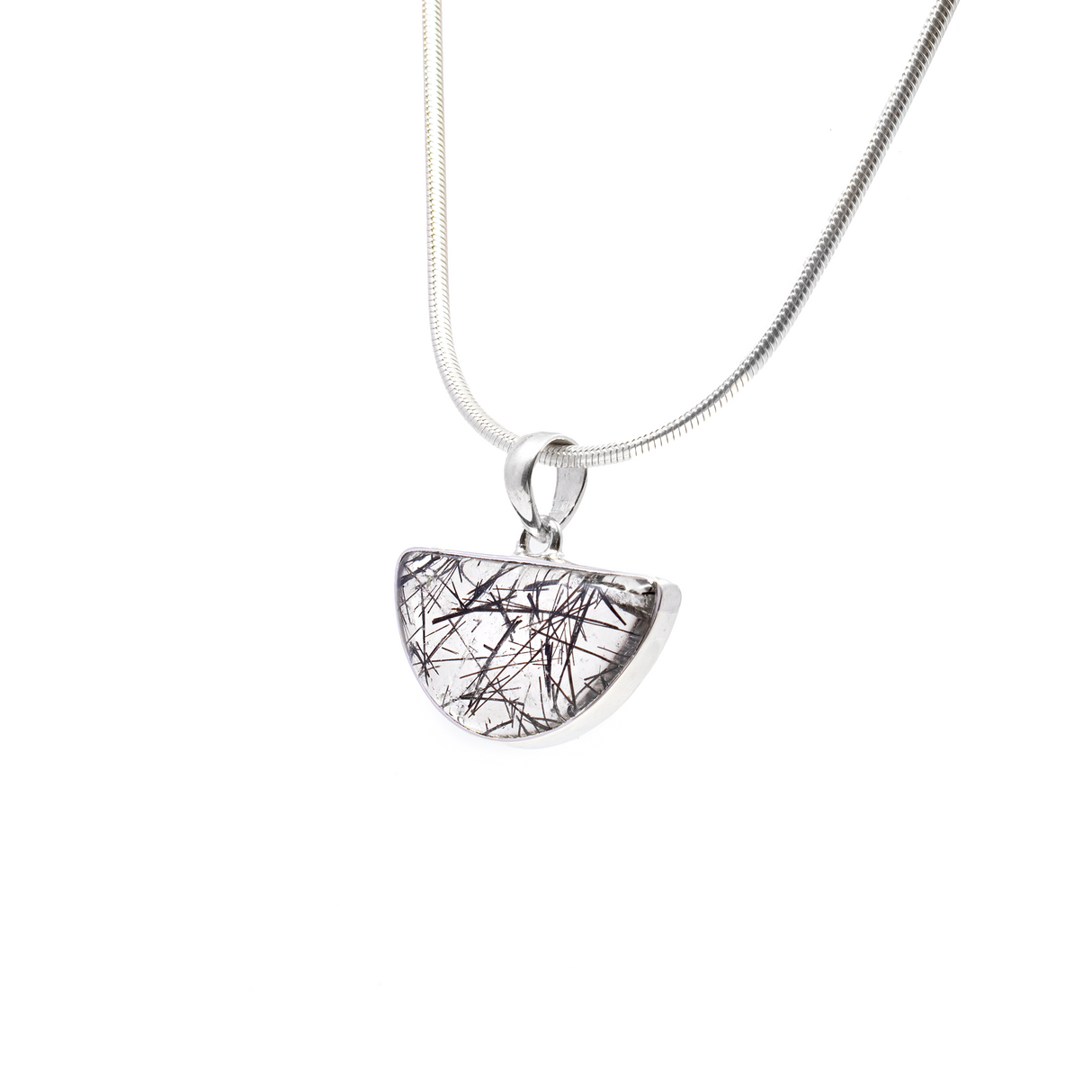 Black Tourmaline Rutile Pendant - Half Circle Cabochon with Simple 925 Sterling Silver Bezel