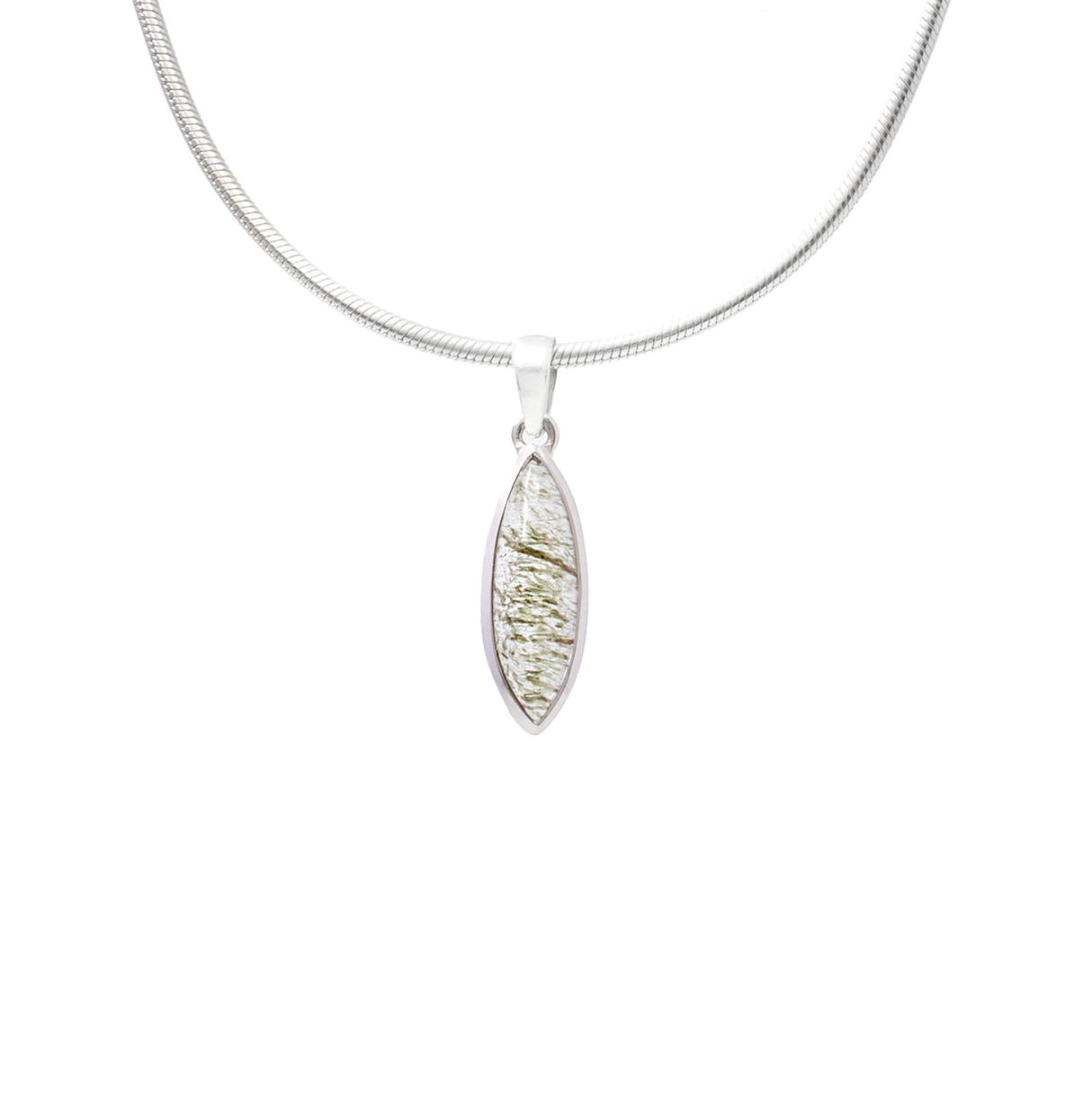 View of Green Rutile Pendant - Narrow Sharp Oval Cabochon with 925 Sterling Silver Bezel
