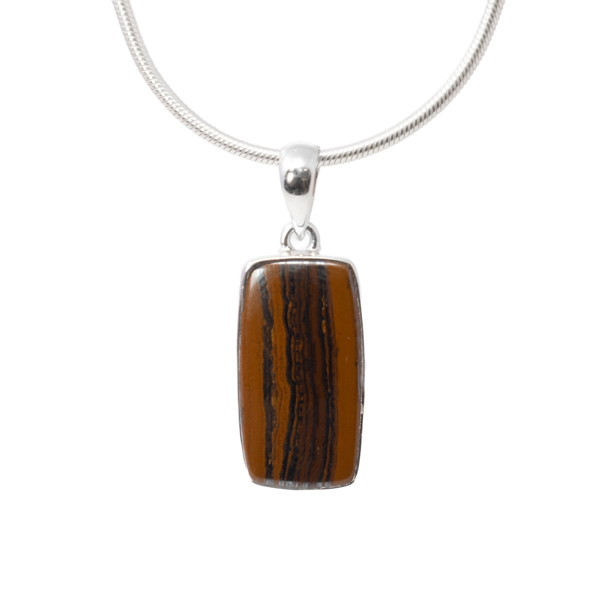 View of Iron Tigers Eye Pendant - Rectangle Cabochon with Simple 925 Sterling Silver Bezel