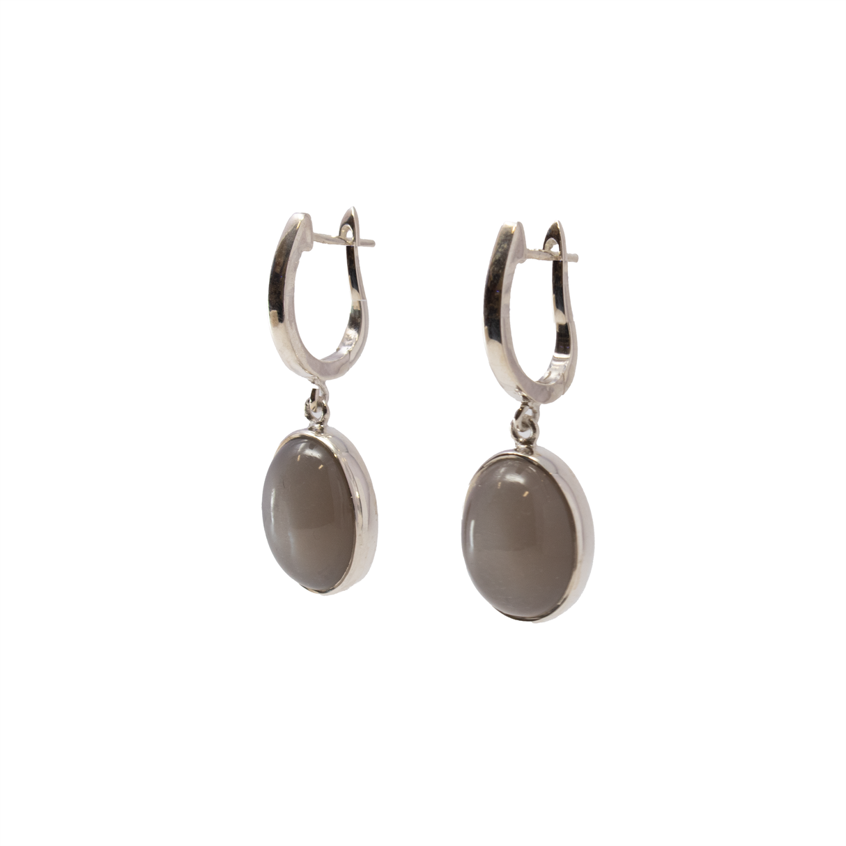 View of Moonstone Dangle Earrings - Oval Cabochon with Simple 925 Sterling Silver Bezel & Latch Back Clasp