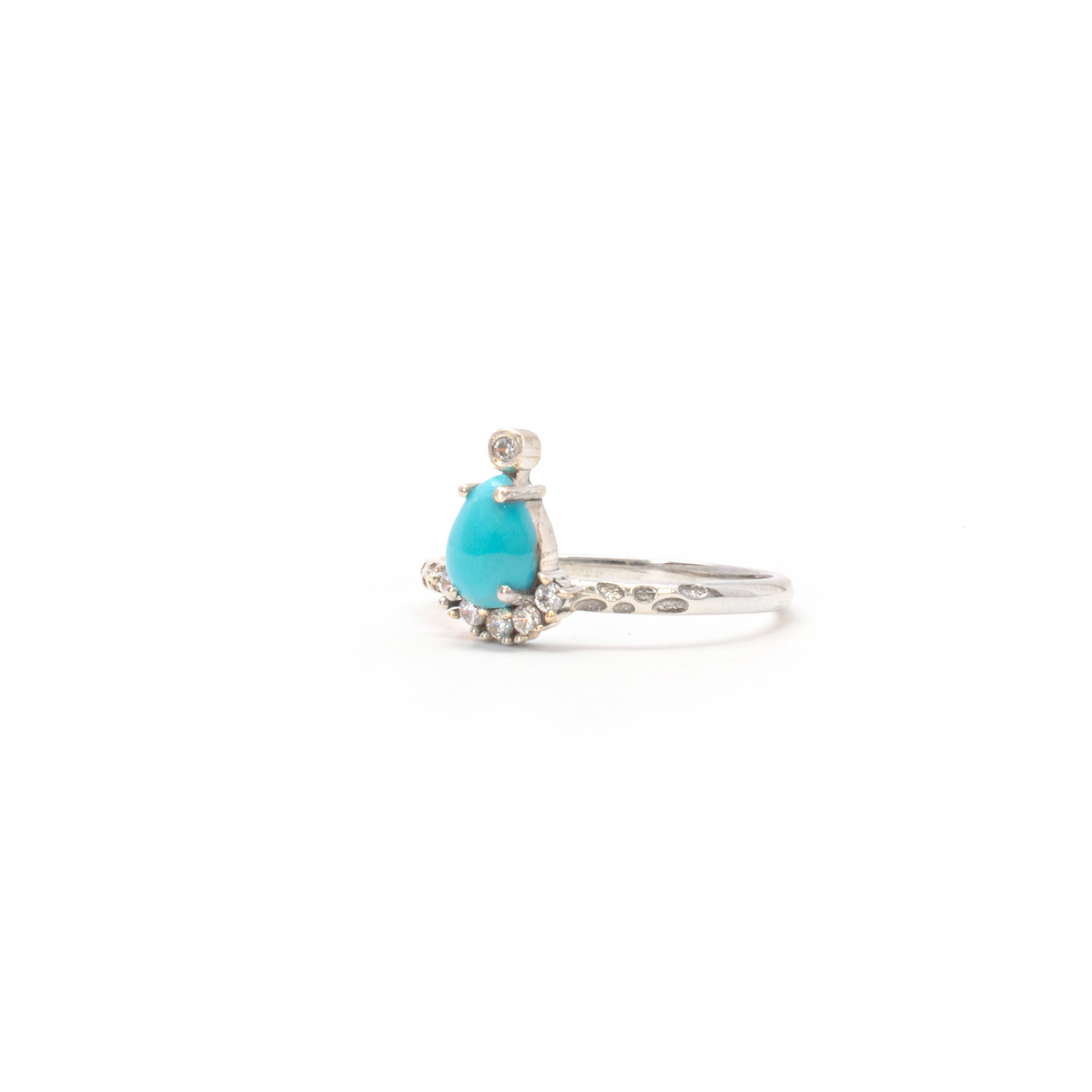 View of Turquoise Ring - Pear Cabochon Prong Set with White Czs on 925 Sterling Silver Stamped Band sz8