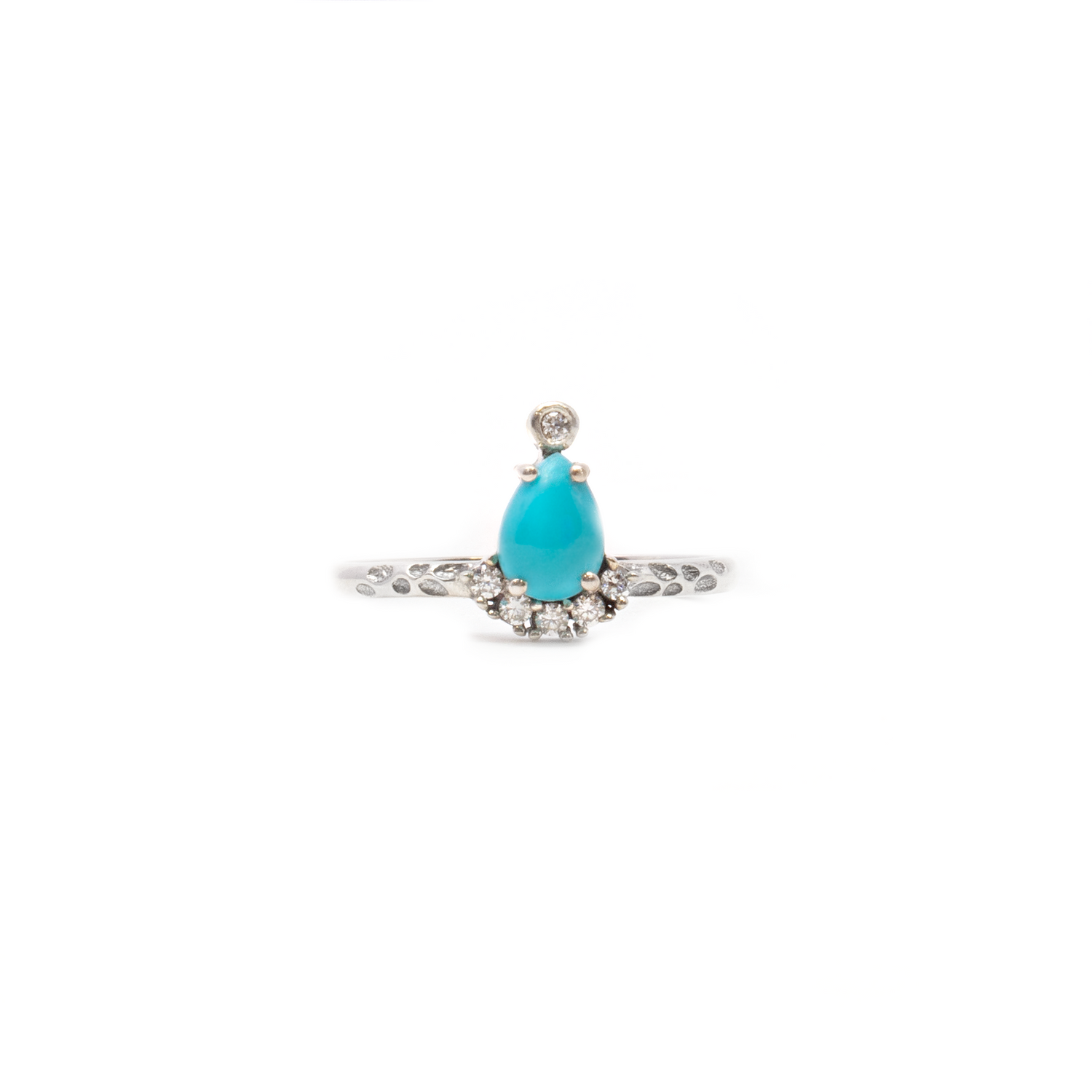 Turquoise Ring - Pear Cabochon Prong Set with White Czs on 925 Sterling Silver Stamped Band sz8