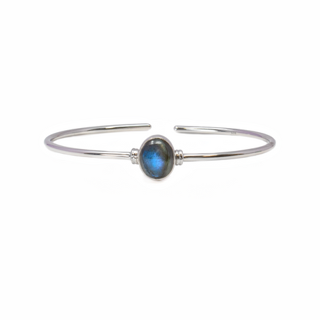 View of Labradorite Cuff Bracelet - Oval Cabochon with 925 Sterling Silver Bezel & Side Detail