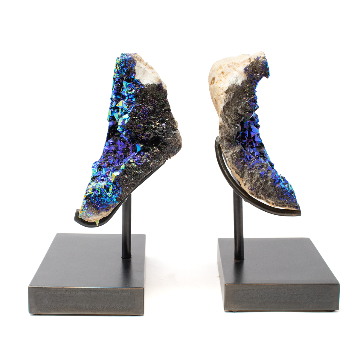 Black Titanium Moroccan Geode Pair in Custom Patina Stand
