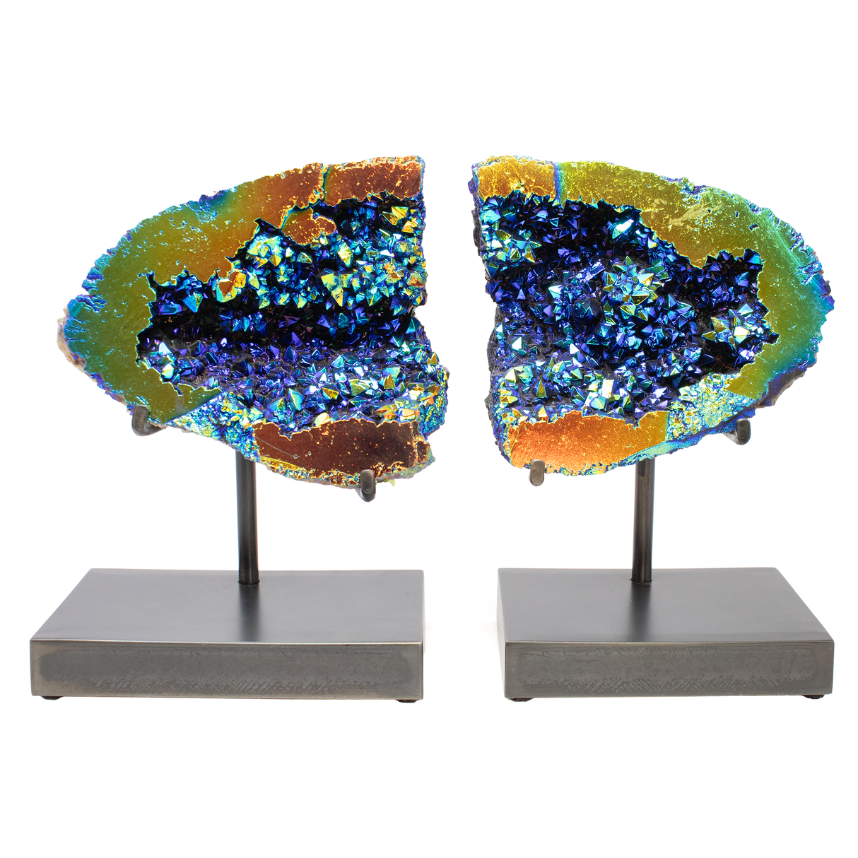 View of Black Titanium Moroccan Geode Pair in Custom Patina Stand