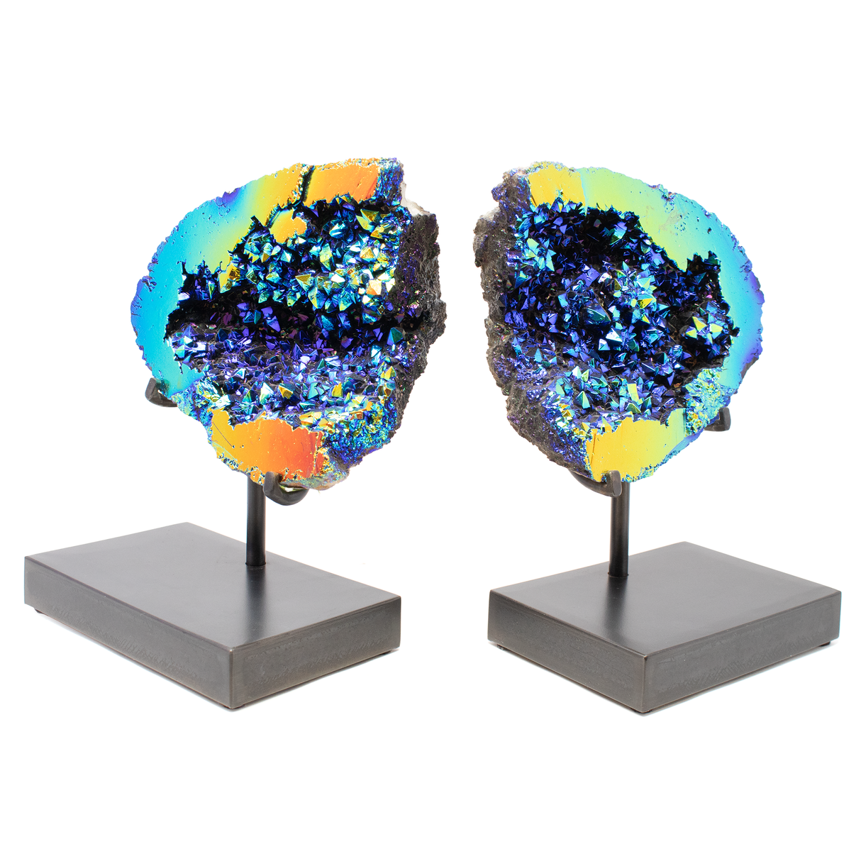 Black Titanium Moroccan Geode Pair in Custom Patina Stand
