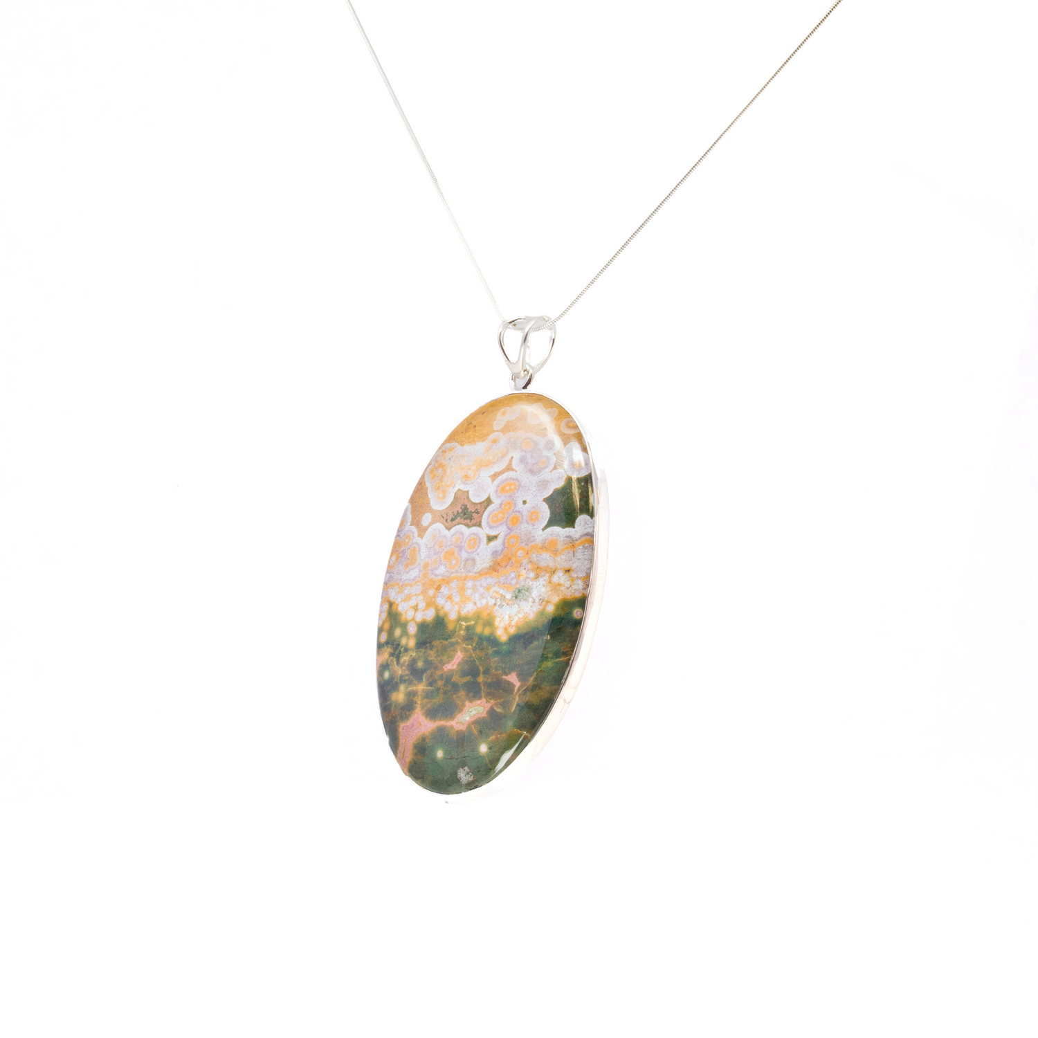 Ocean Jasper Pendant - Large Oval Cabochon with Simple 925 Sterling Silver Bezel & Deep Green Hues with Golden Ochre Orbiculars & Pink Veining 3"+