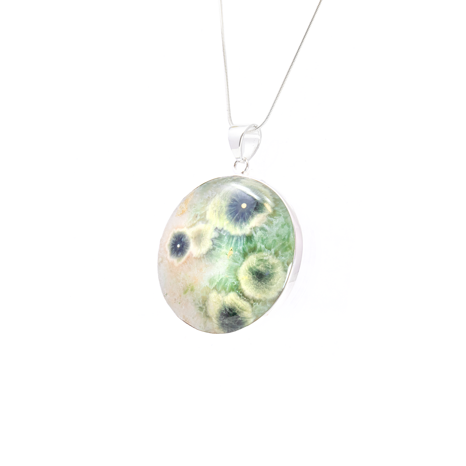 Ocean Jasper Pendant - Round Cabochon with Simple 925 Sterling Silver Bezel & Vibrant Green Flower Bursts with Sage Green Edges 2"