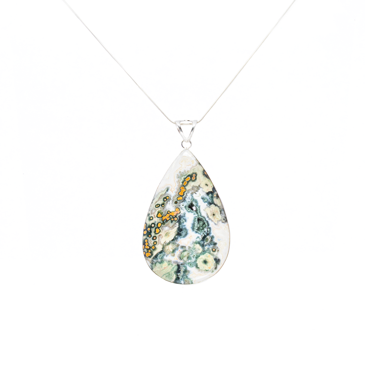 View of Ocean Jasper Pendant - Large Pear Cabochon with Simple 925 Sterling Silver Bezel - Dark Green & White Hues with Ochre Orbiculars & Sage Flower Bursts 3\"+