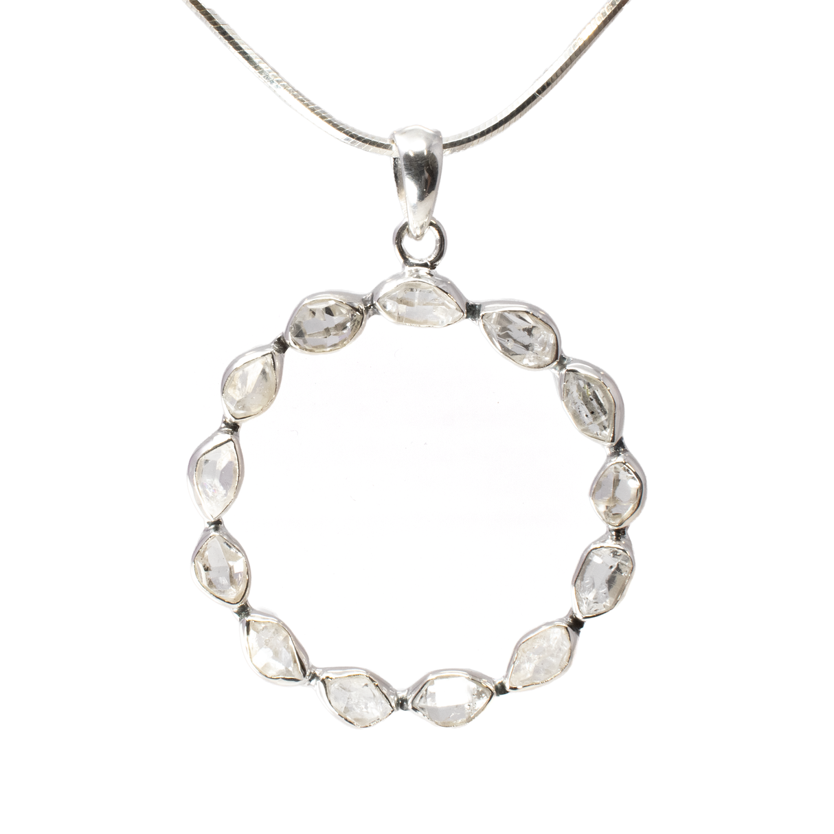 View of Herkimer Diamond Pendant - 13 Nuggets Set All Around on Open 925 Sterling Silver Circle