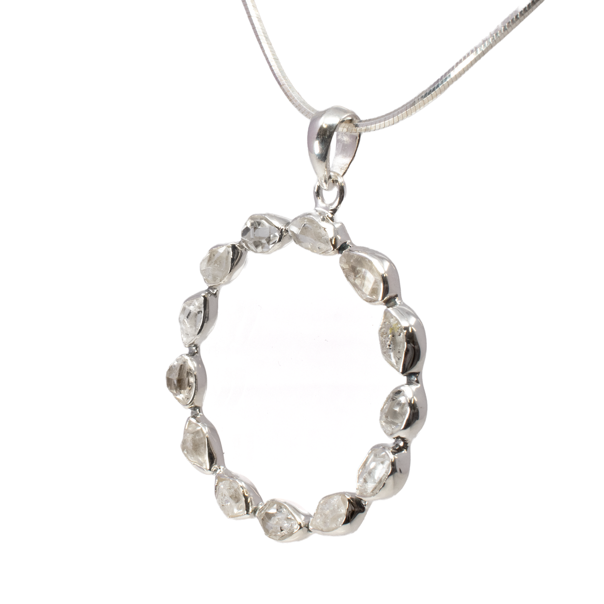 Herkimer Diamond Pendant - 13 Nuggets Set All Around on Open 925 Sterling Silver Circle