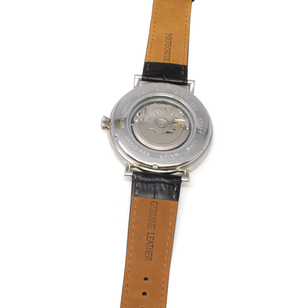 Muonionalusta Meteorite Watch - Miyota Movement with Black Leather Band and Clear IP Plating - Roman Numeral Time Stamps
