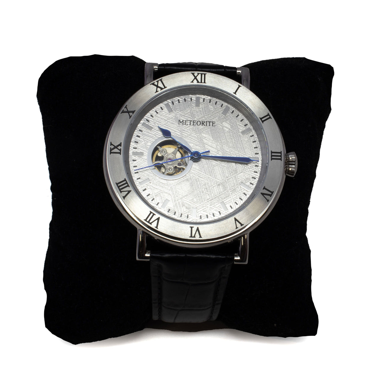 View of Muonionalusta Meteorite Watch - Miyota Movement with Black Leather Band and Clear IP Plating - Roman Numeral Time Stamps