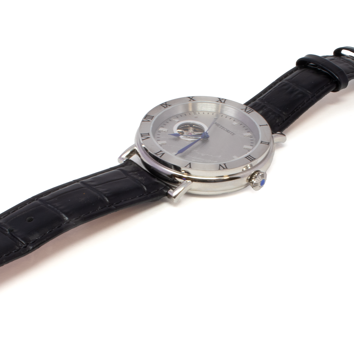 Muonionalusta Meteorite Watch - Miyota Movement with Black Leather Band and Clear IP Plating - Roman Numeral Time Stamps
