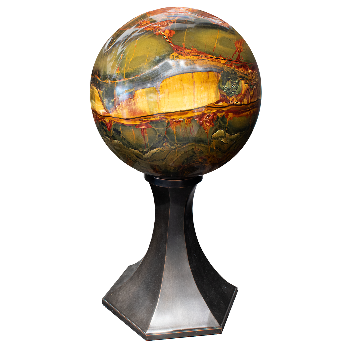 View of Marra Mamba Tiger Eye Sphere - Extra Large on Custom Stand with Theatrical Design