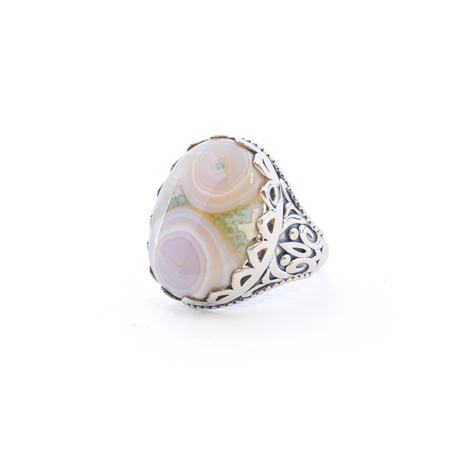 View of Ocean Jasper Ring - Classic Oval Cabochon Set in Elegant 925 Sterling Silver Bezel with Scalloped Edge & Fleur de Lis Design on Band sz6