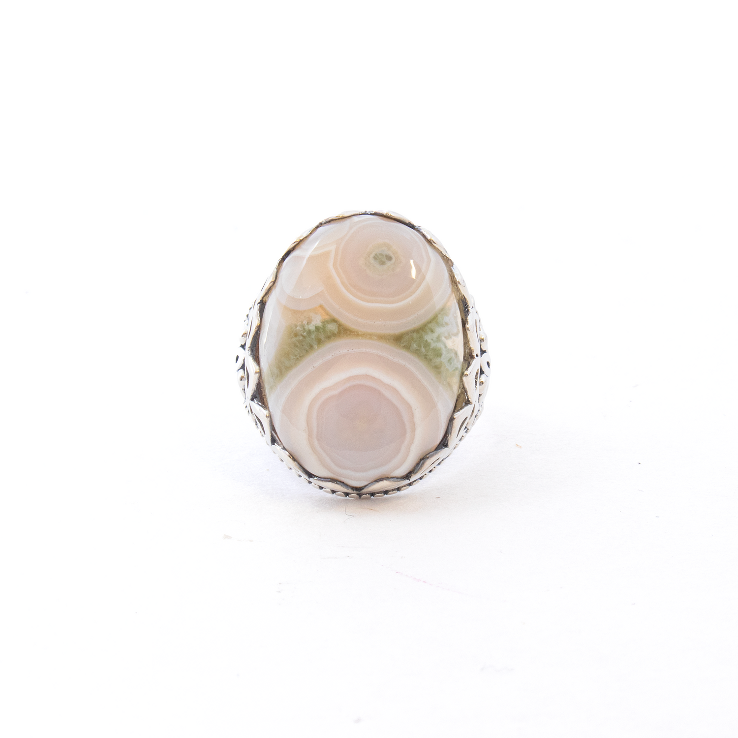 Ocean Jasper Ring - Classic Oval Cabochon Set in Elegant 925 Sterling Silver Bezel with Scalloped Edge & Fleur de Lis Design on Band sz6