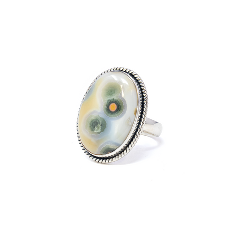 View of Ocean Jasper Ring - Oval Cabochon Set in 925 Sterling Silver Bezel with Rope Stamped Edge sz8