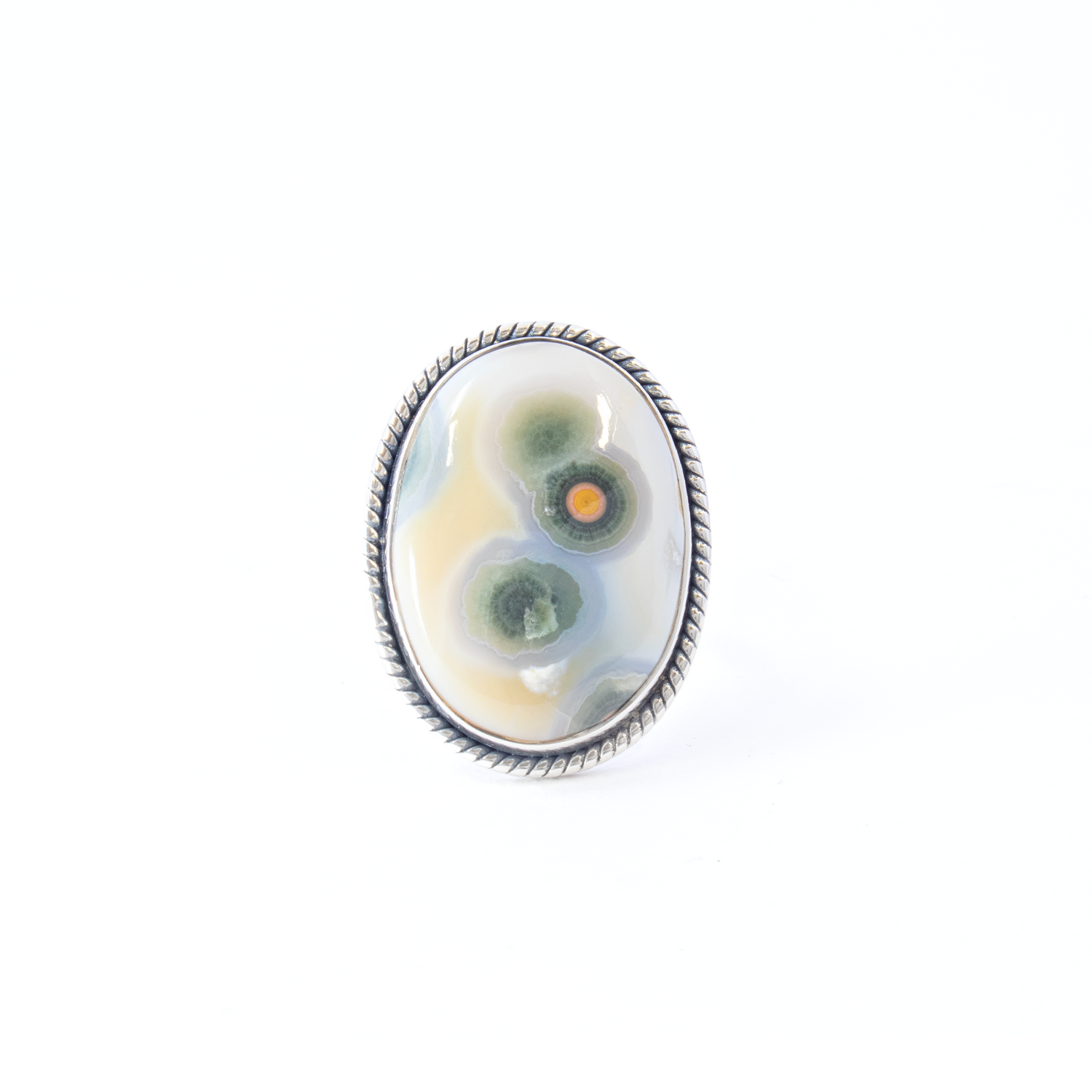 Ocean Jasper Ring - Oval Cabochon Set in 925 Sterling Silver Bezel with Rope Stamped Edge sz8