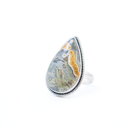 View of Ocean Jasper Ring - Pear Cabochon Set in 925 Sterling Silver Bezel with Rope Stamped Edge sz10
