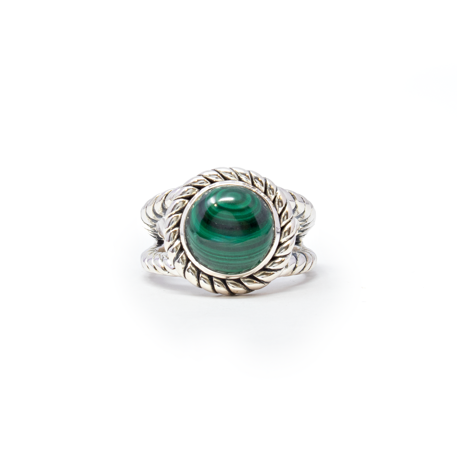 View of Malachite Ring - Round Cabochon Set on 925 Sterling Silver Bezel with Rope Edge & Double Band sz10