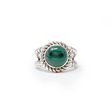 View of Malachite Ring - Round Cabochon Set on 925 Sterling Silver Bezel with Rope Edge & Double Band sz10