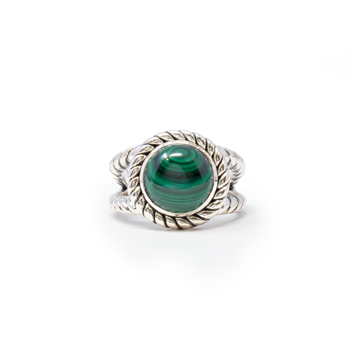 View of Malachite Ring - Round Cabochon Set on 925 Sterling Silver Bezel with Rope Edge & Double Band sz10